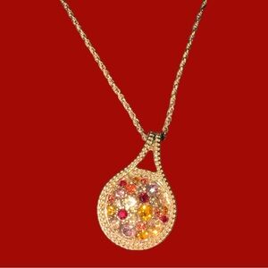 Multicolor Gold-Tone Chain Necklace with colourful rhinestones crystals pendant.
